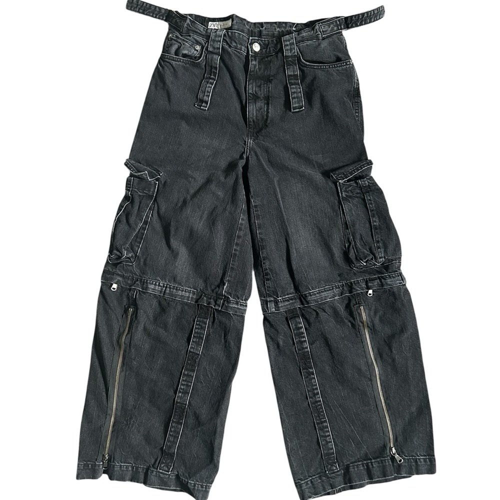 Zara Black Cargo Denim Raver Pants with Zipper Details